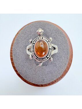 Amber Bezel Set Split Shoulders Statement Ring VTG Sterling Silver 925 Size 5.75